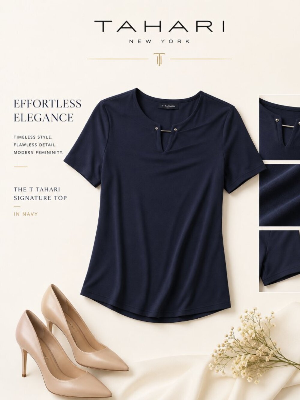 T Tahari Navy Short Sleeve Crew Neck Basic Top XS NWT
